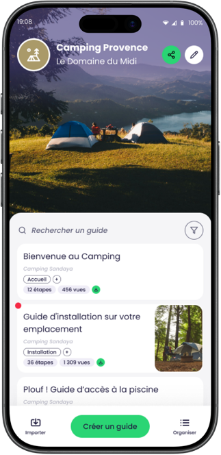 L'application Doozis affichant la liste des guides d'un camping